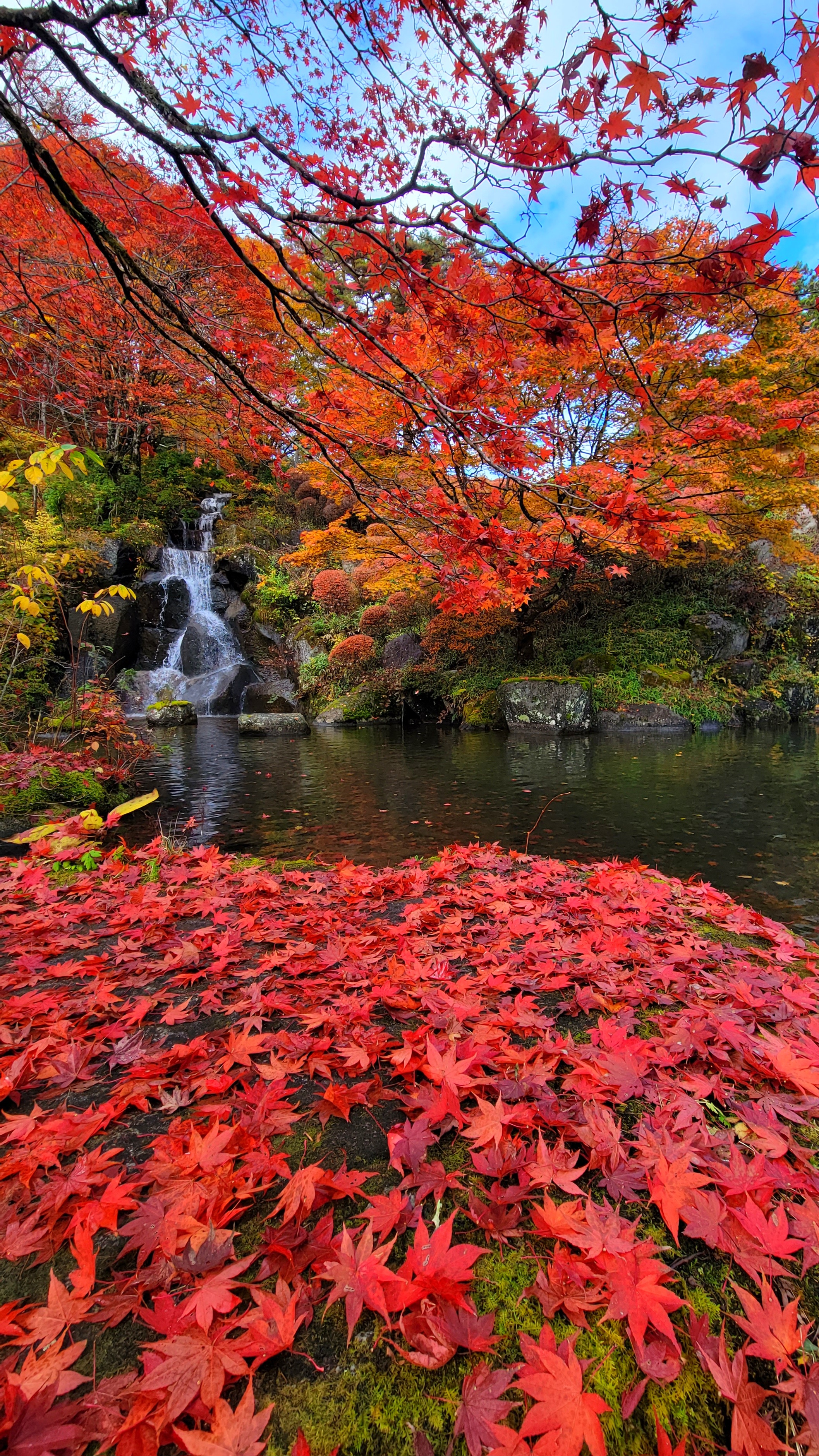 古峯神社にて、「滝と紅葉の奥行きを意識した一枚」と感じた写真です。