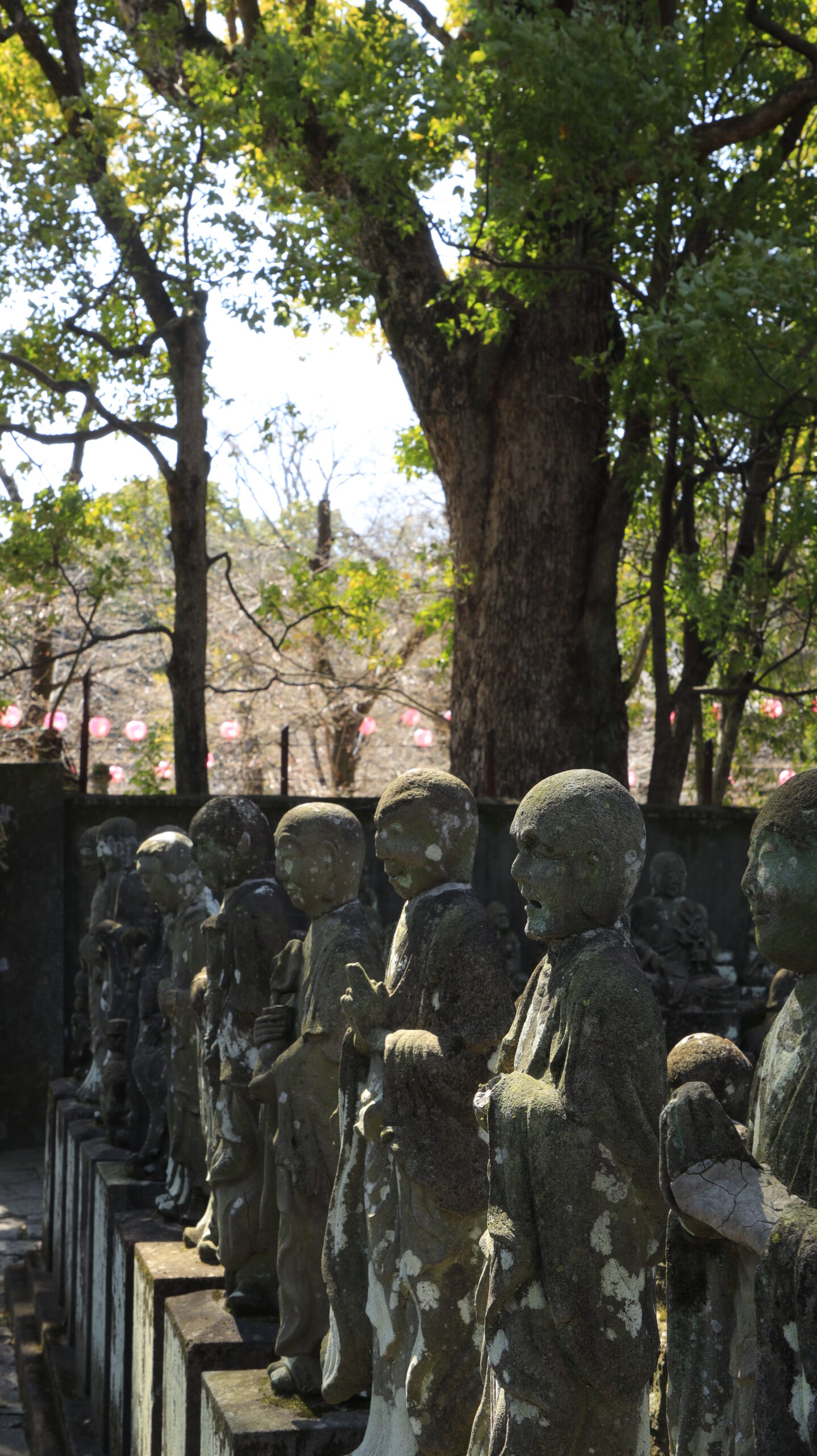 A photograph depicting a series of Buddhist statues lined up in a row at the Five Hundred Arhats in Kita-in Temple.