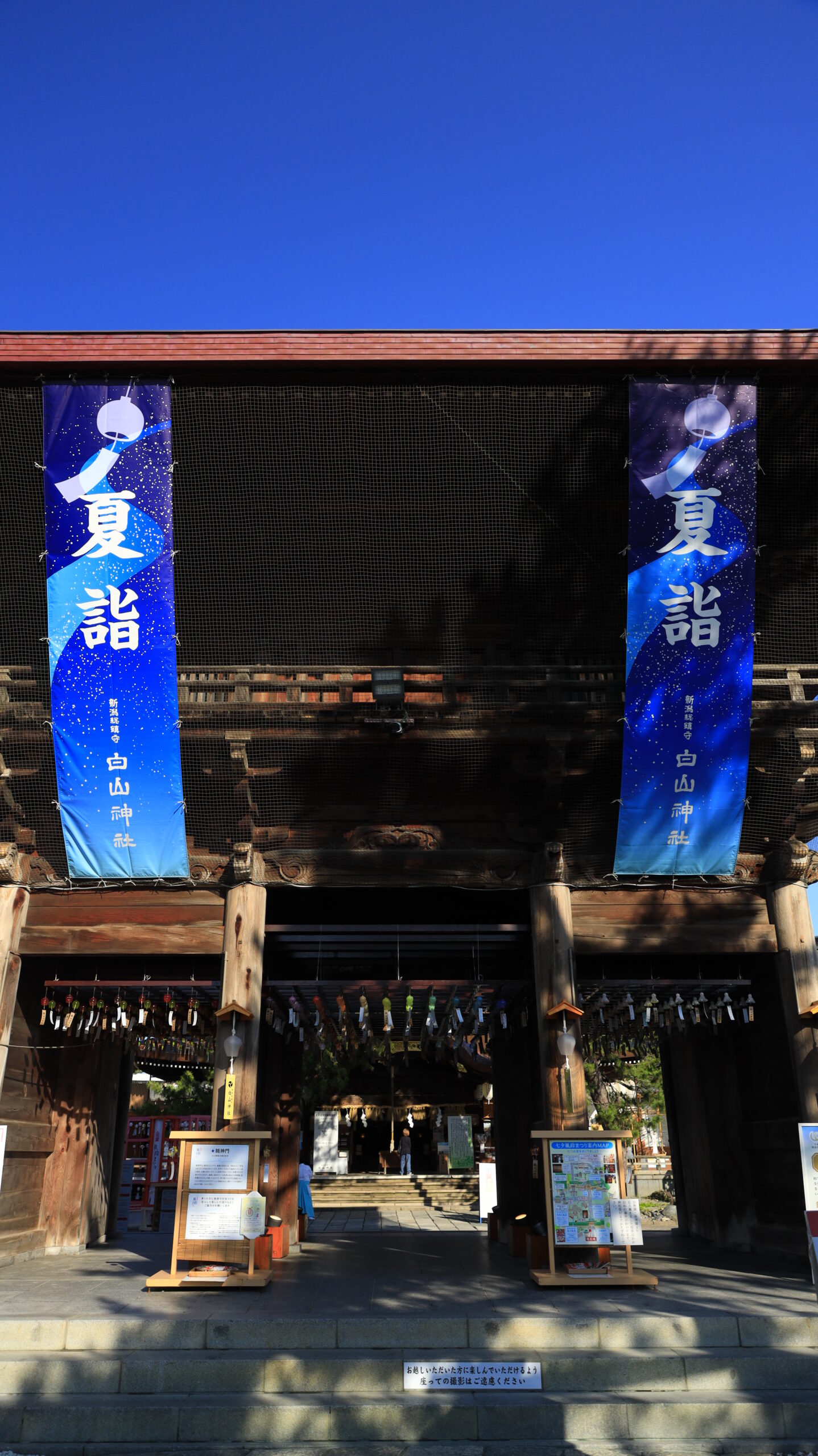 新潟総鎮守 白山神社で夏詣の青い看板と神社の門を撮影した風景