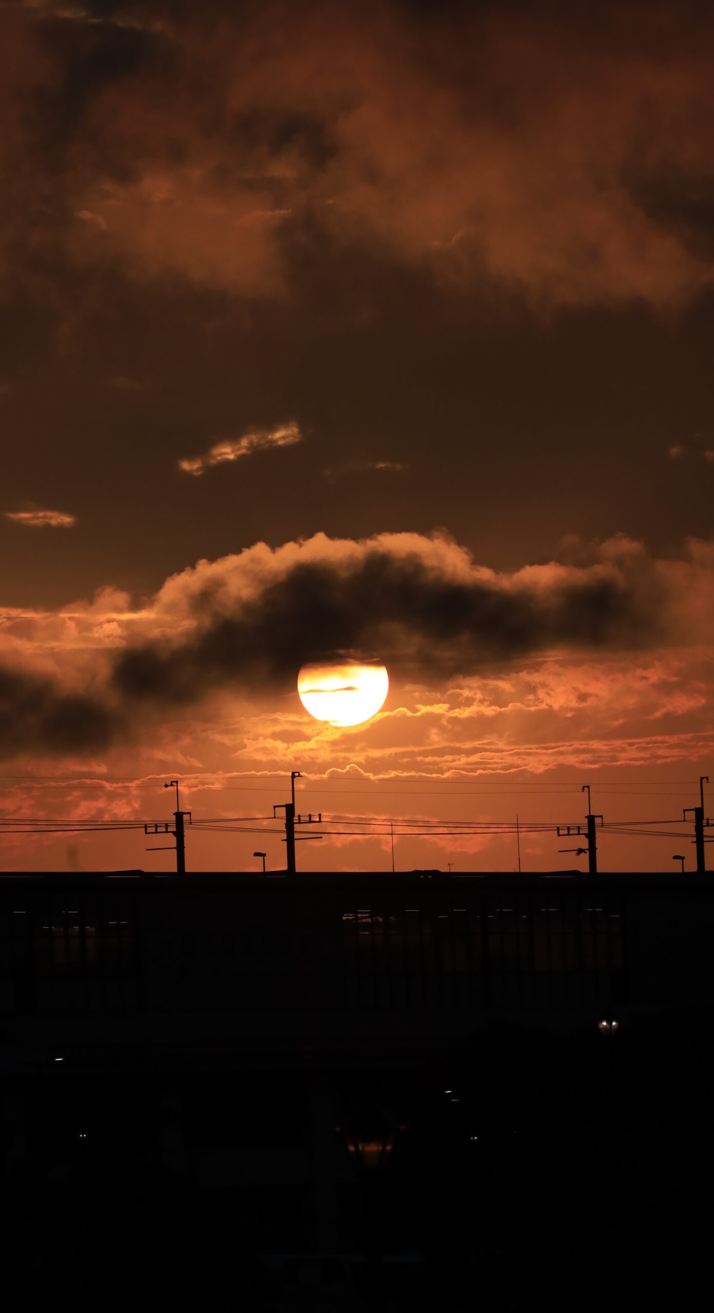 葛西臨海公園で日の出と遠くを走る線路を収めた朝の清々しい風景写真