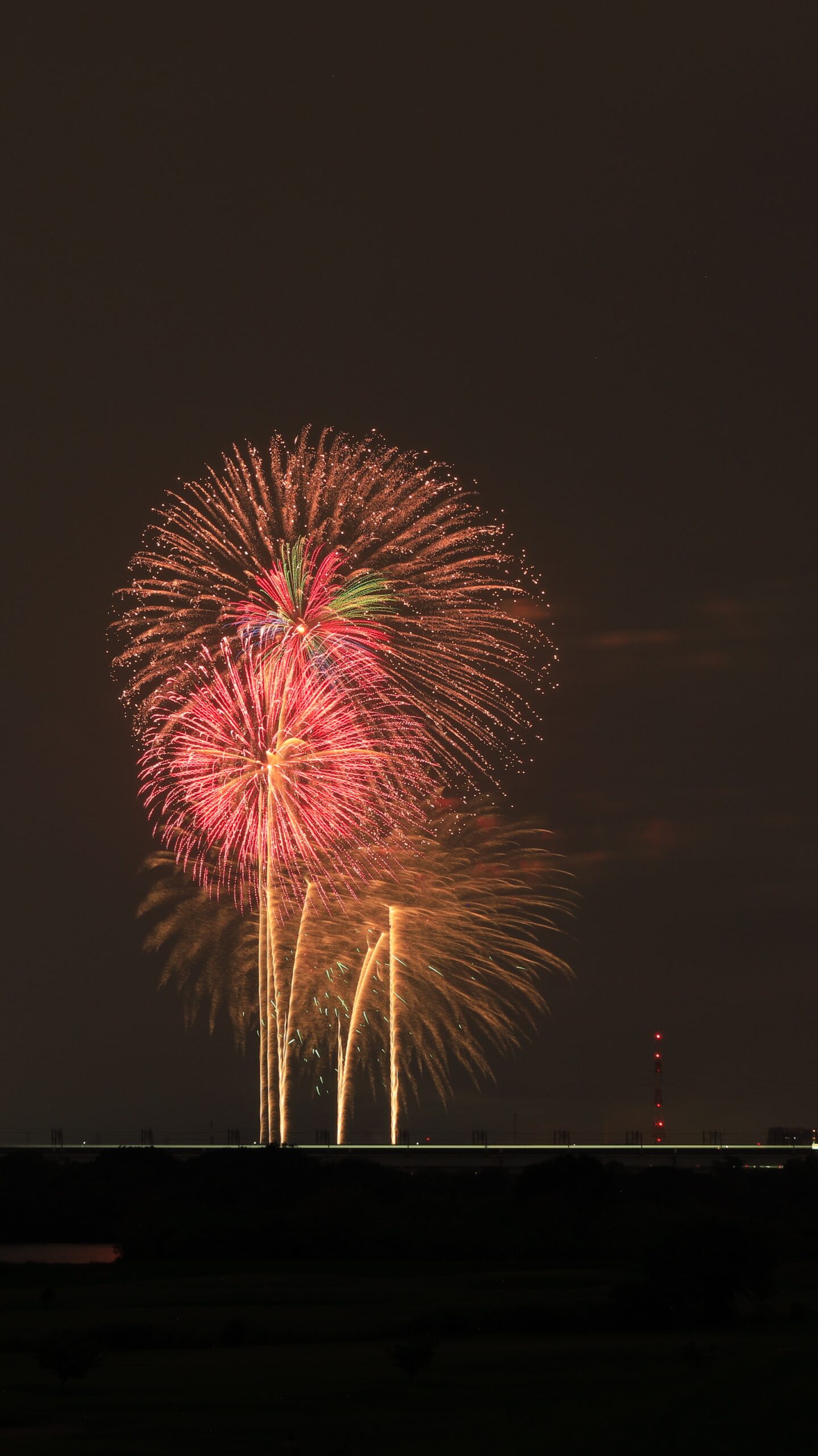 戸田橋花火大会で、打ち上げ時の光の線と上空に開く花火を三脚使用・シャッタースピード12秒で撮影
