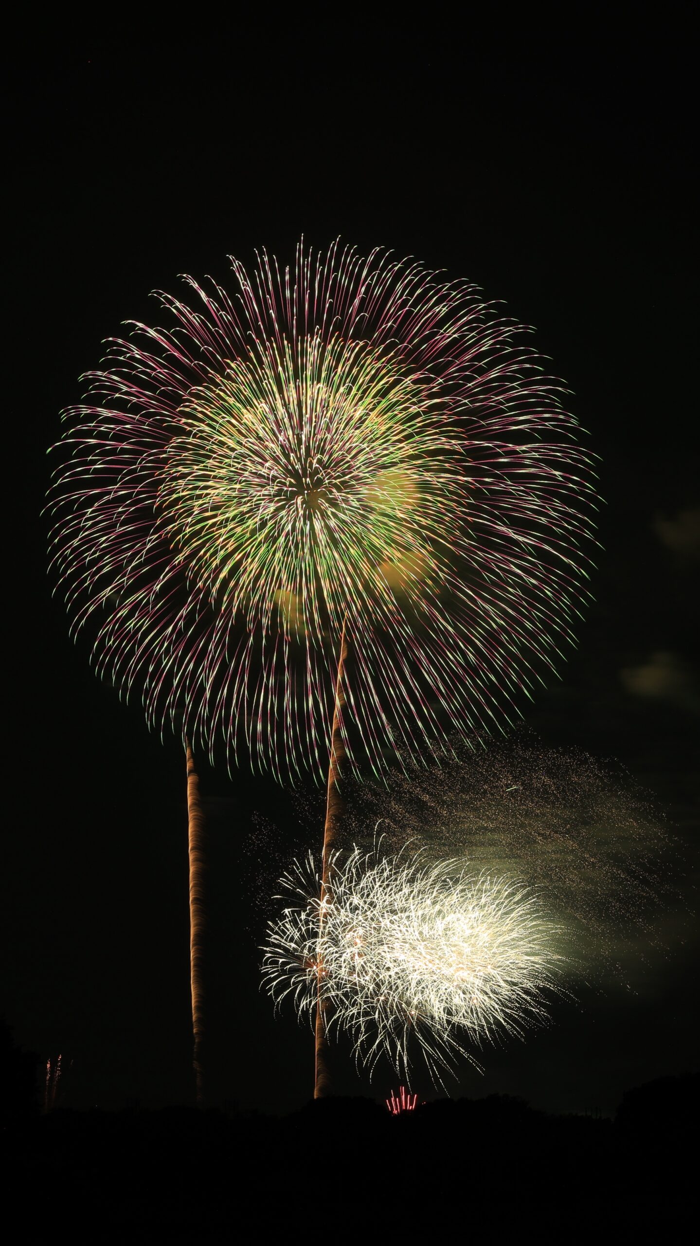 戸田橋花火大会で、夜空に鮮やかな緑色で輝く花火を三脚使用・シャッタースピード3 1/2秒で撮影