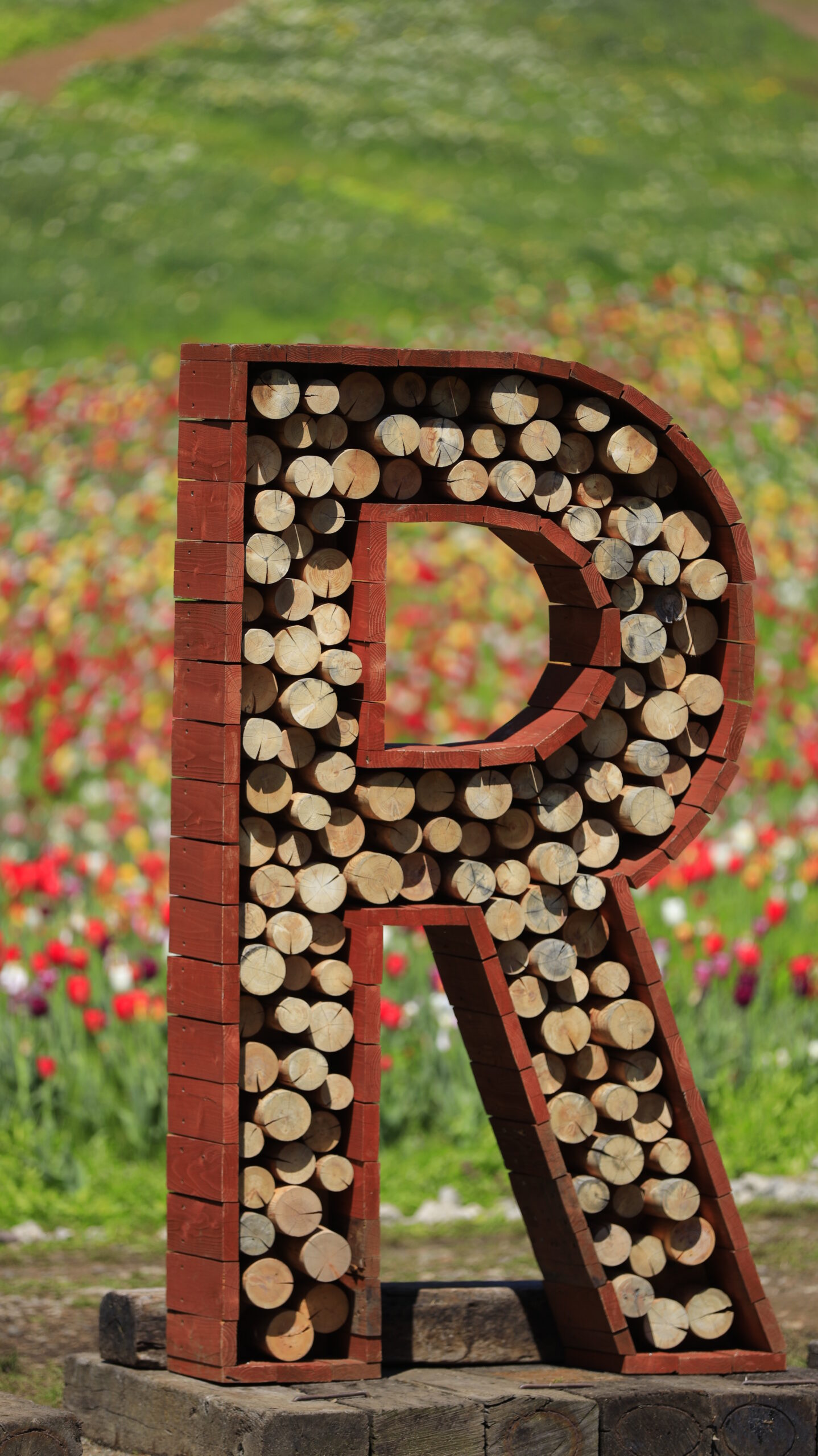 Log R objet d'art with tulips in the background at Norn Minakami Flower Garden