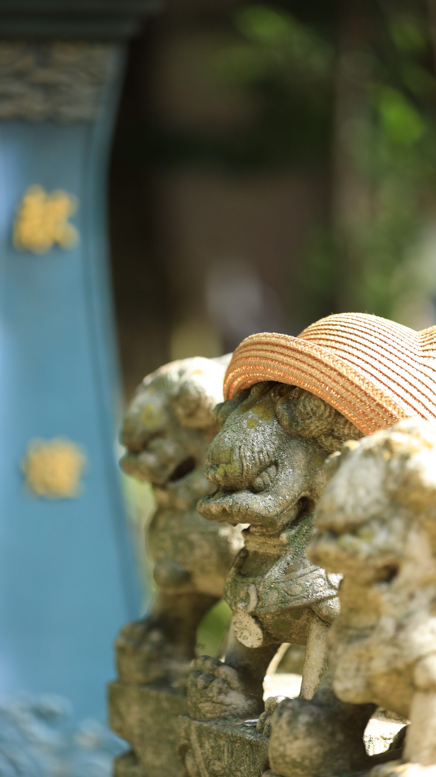 大宝八幡宮で麦わら帽子をかぶった可愛い狛犬