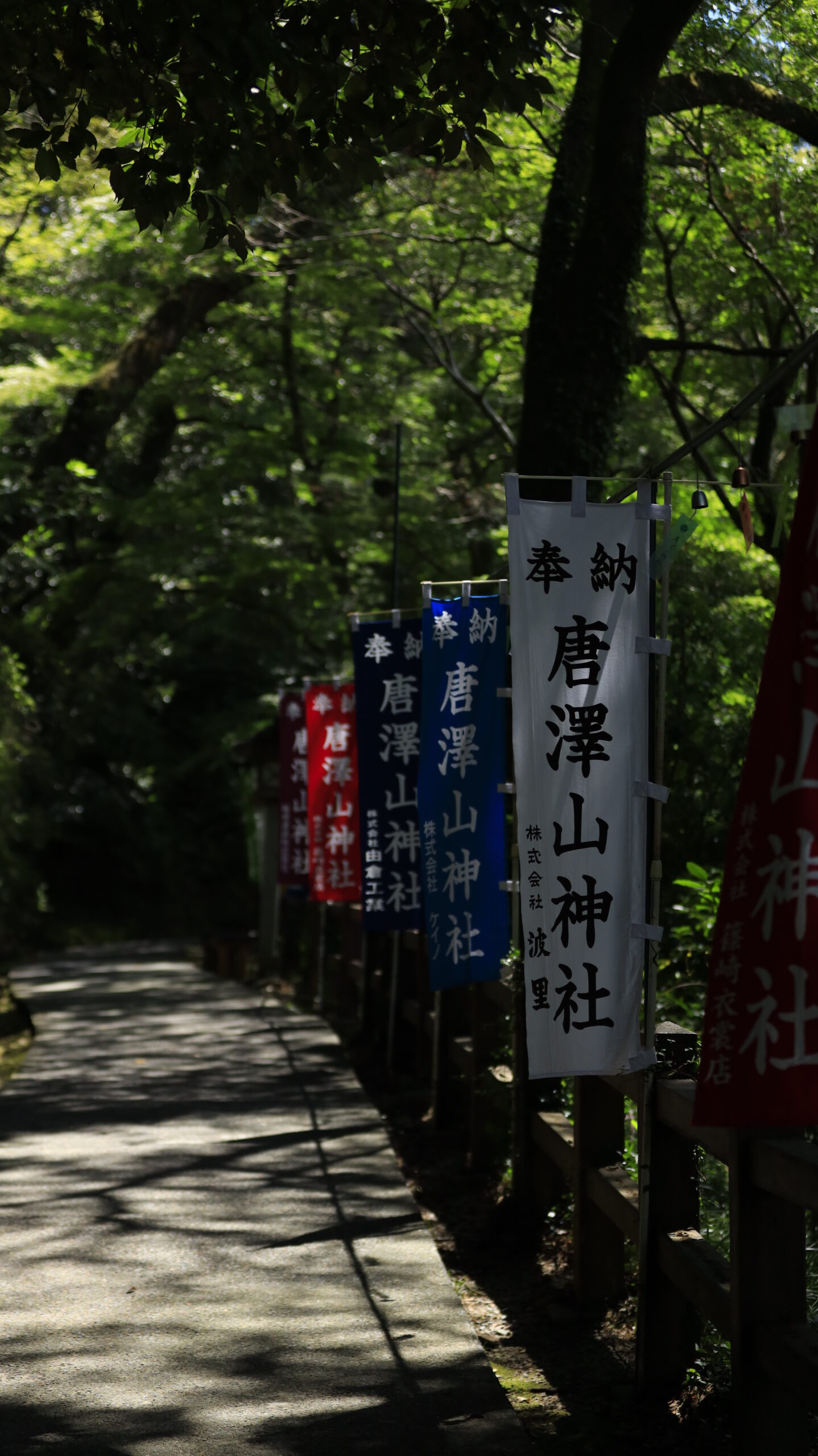 唐沢山神社へ続く山道に並ぶのぼり旗を奥行きを意識して撮影