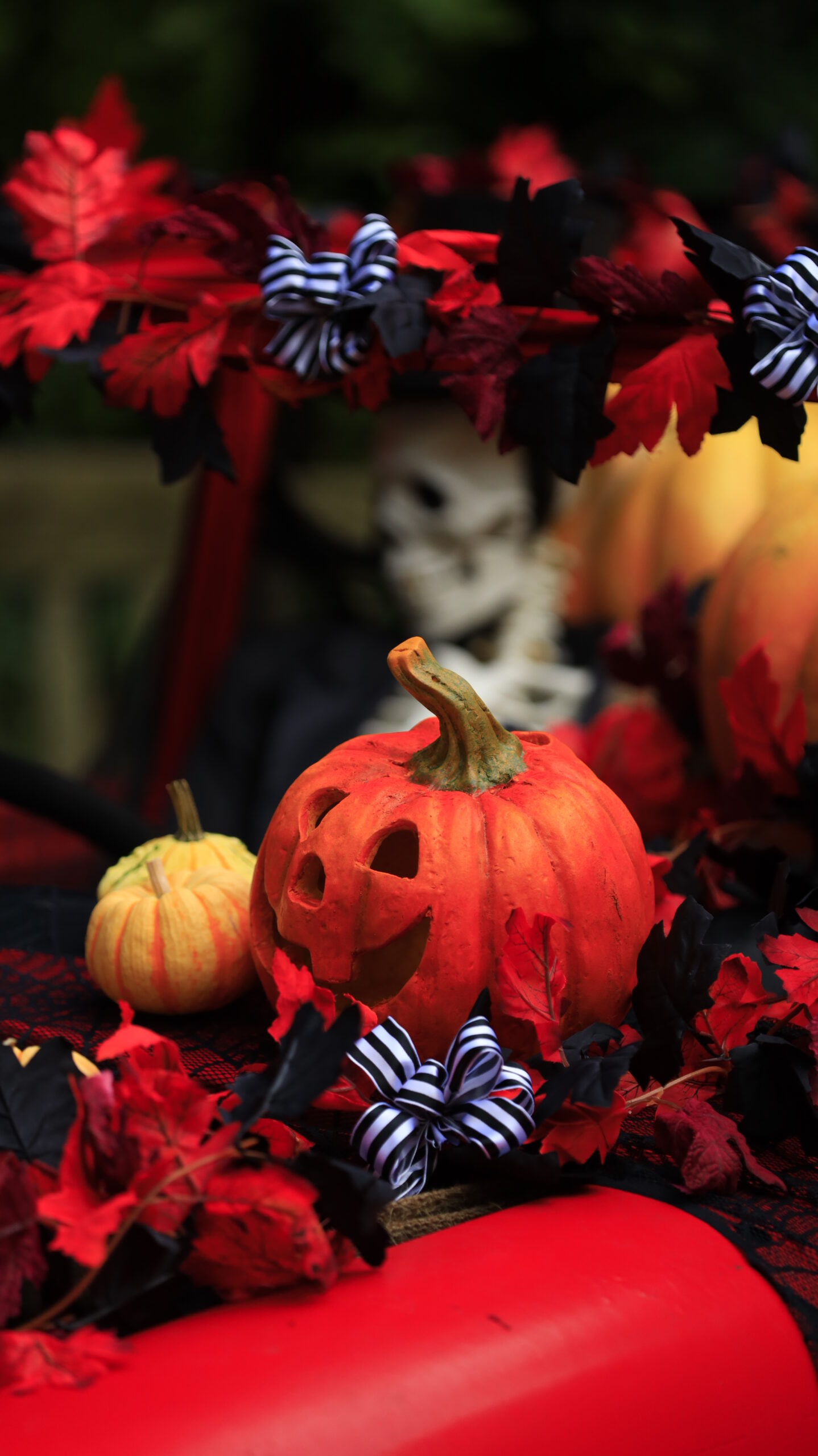 At the Yokohama English Garden, I took a photo with the pumpkin in the foreground in focus and the skeleton in the background blurred.
