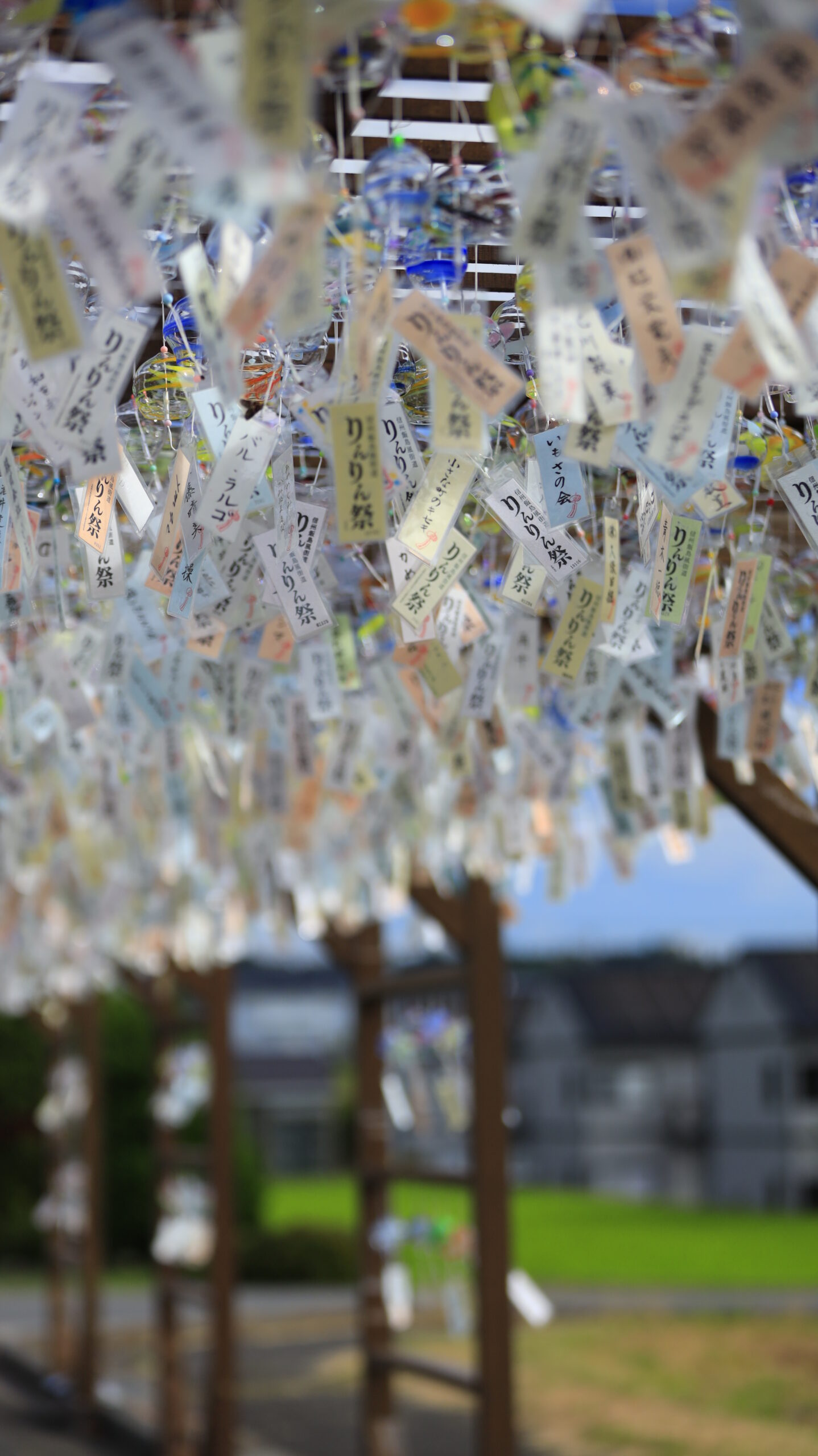 信州飯島風街道りんりん祭で斜めの位置から多数の風鈴を見上げて撮影