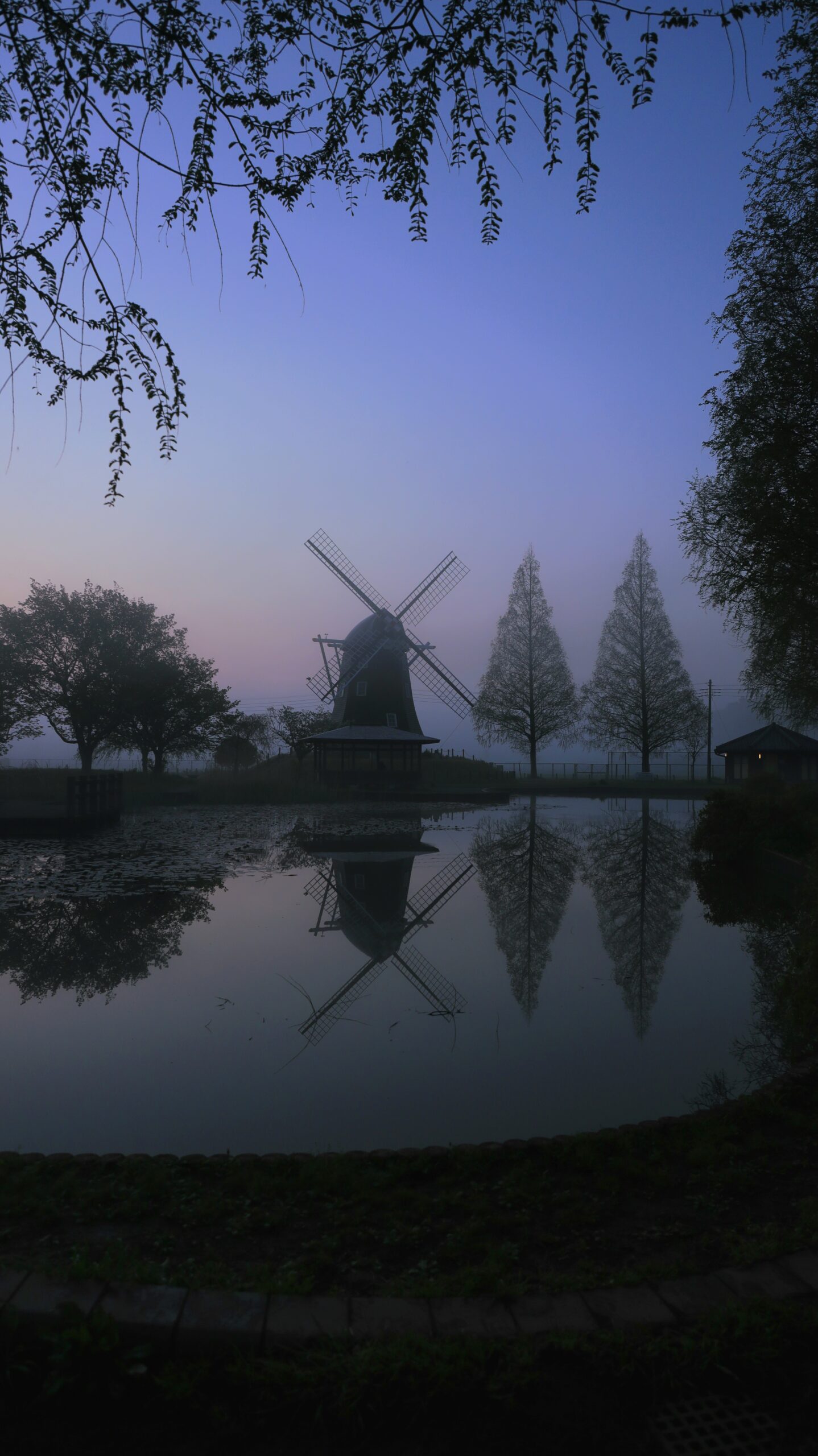 あけぼの山農業公園で、夜明け直前にわずかに明るくなる池と風車の幻想的な風景