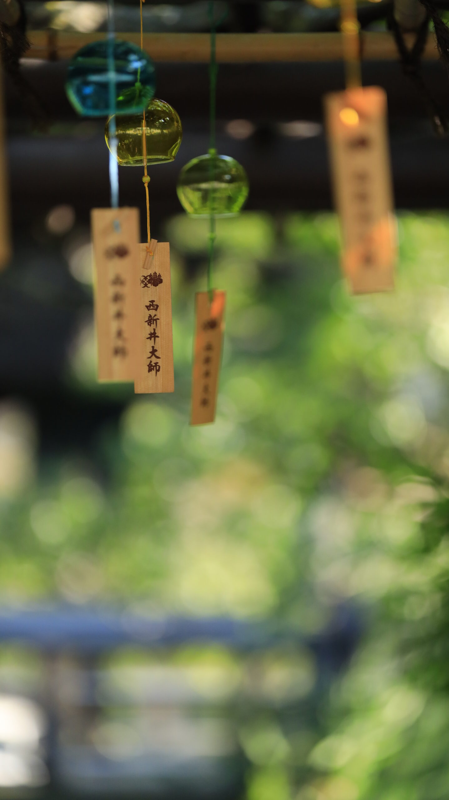 西新井大師で黄緑色の光を背景に短冊へピントを合わせた風鈴