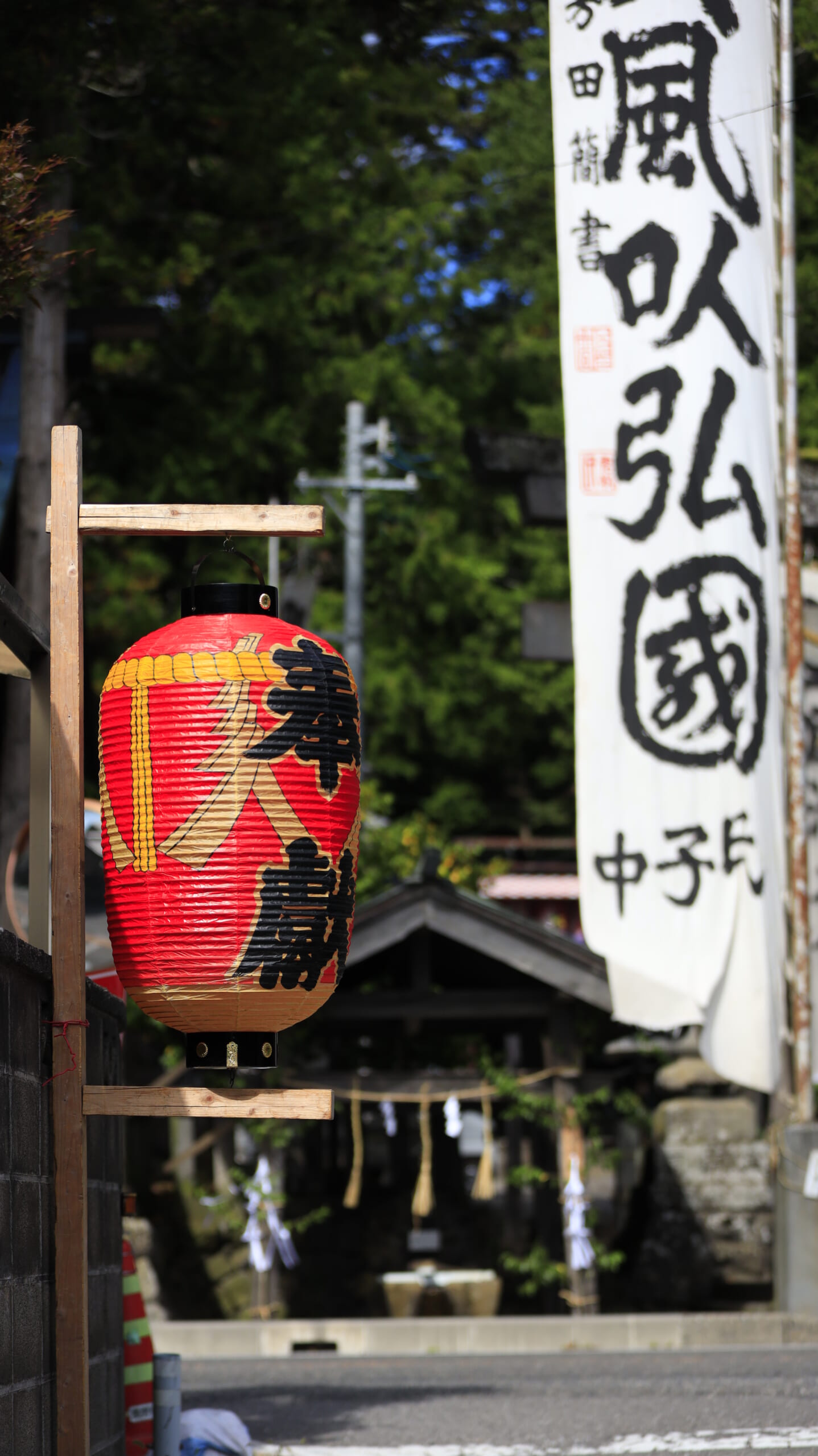 長野県塩尻市・小野神社の奉納提灯にピントを合わせた境内の風景