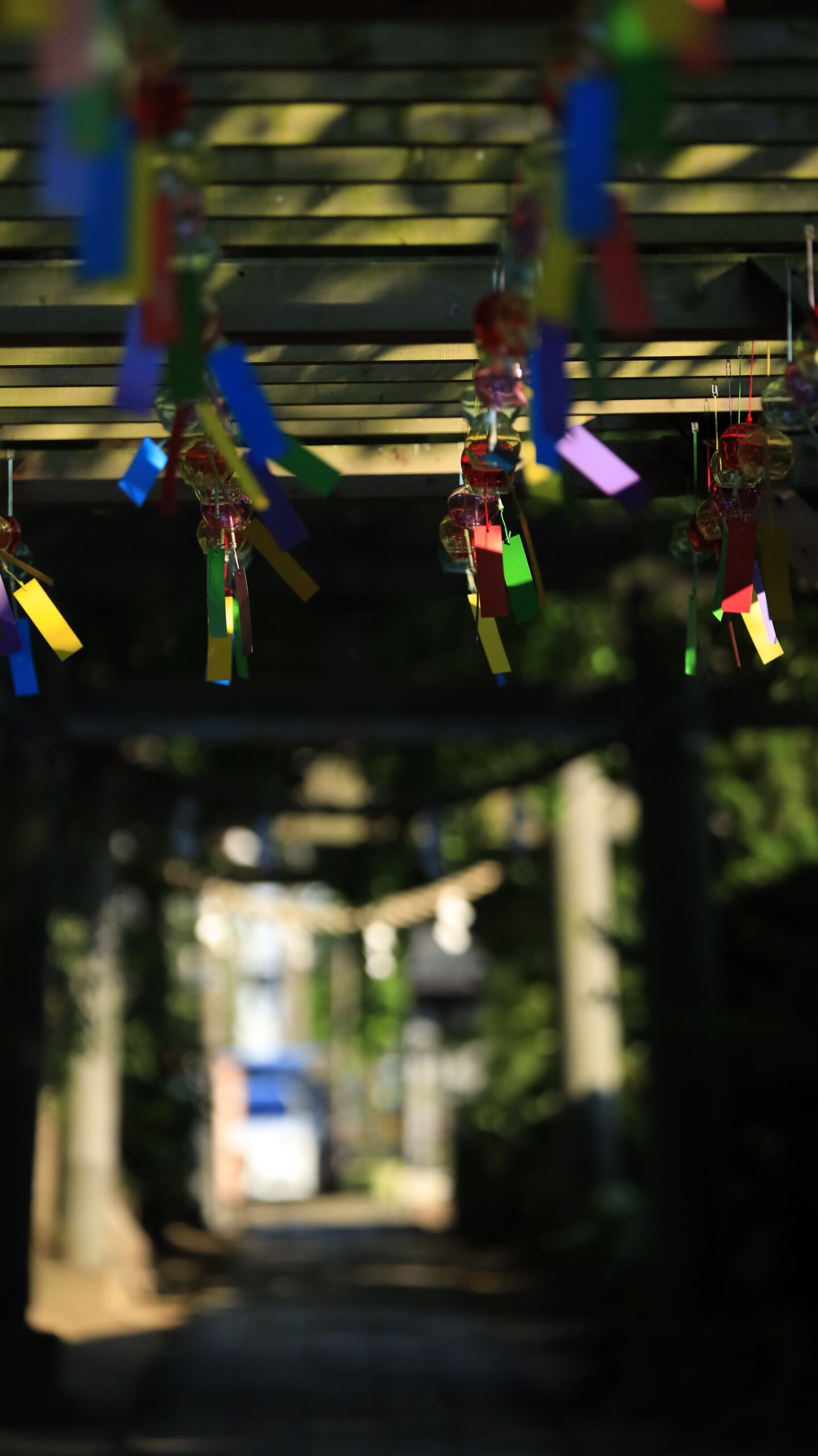 越谷香取神社の風鈴棚の下から鳥居方向を望む風景