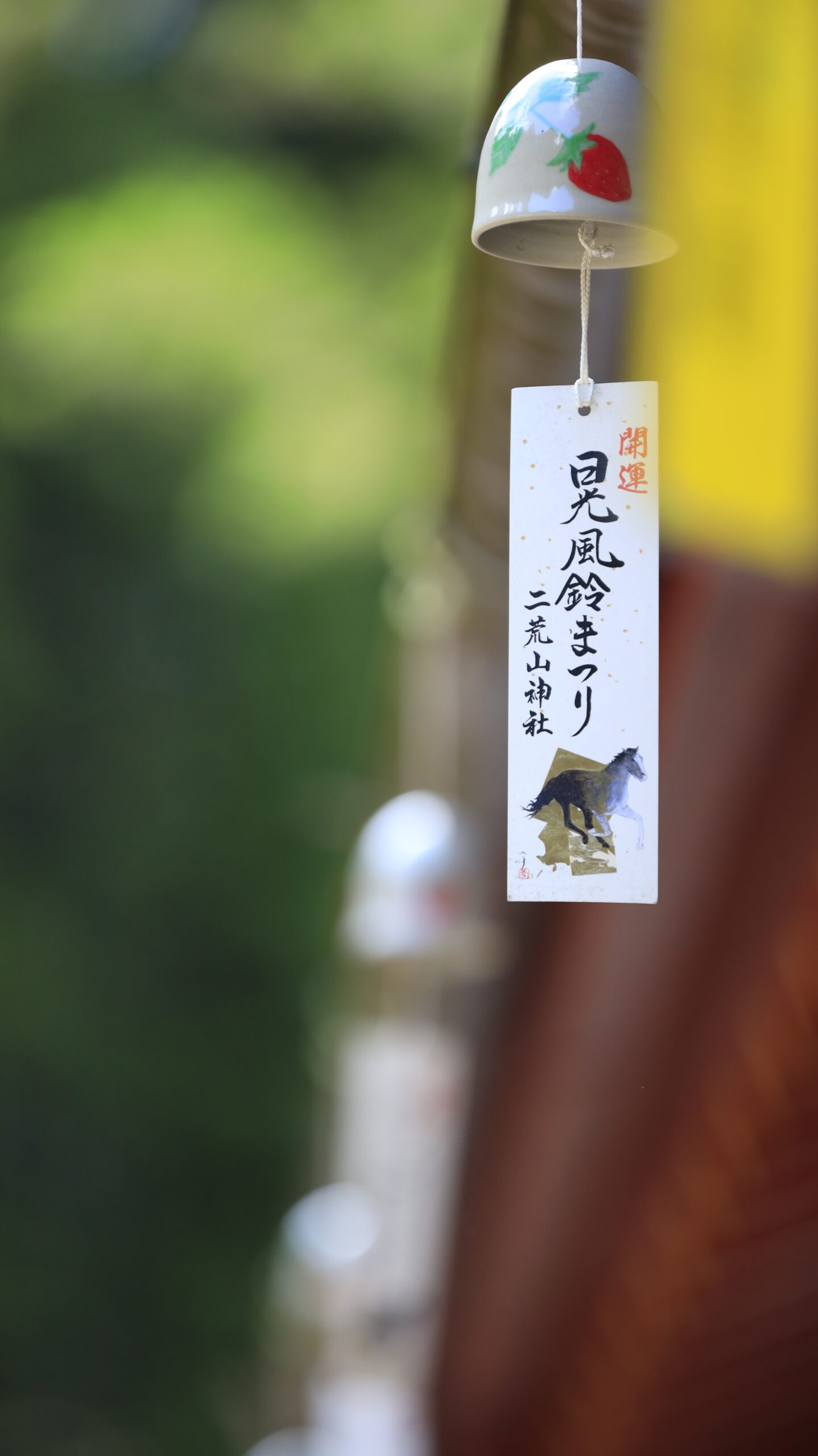 二荒山神社で背景をふわっとぼかし、こちらを向く風鈴のお札にピントを合わせて撮影