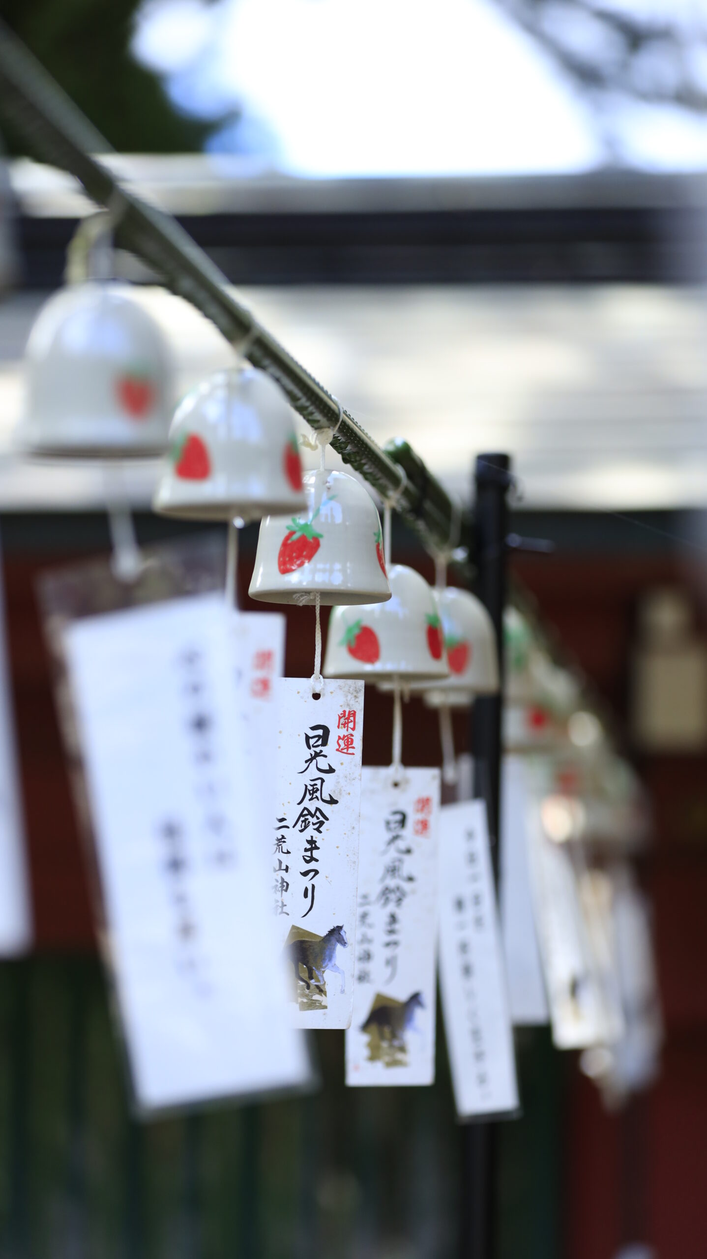 二荒山神社で並ぶ風鈴のうち中央の風鈴のお札にピントを合わせて撮影